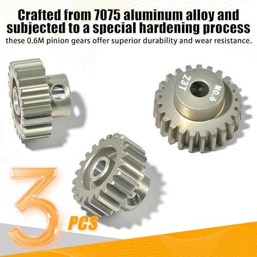 3PCS 0.6 Mod 0.6M Pinion Gear Set 21T 22T 23T, 7075 Aluminum Alloy with 3.175mm Bore for 540 550 Brushed Brushless Motors, Fits for 1/10 Tamiya Redcat HSP HPI RC Cars - size: 21 22 23T