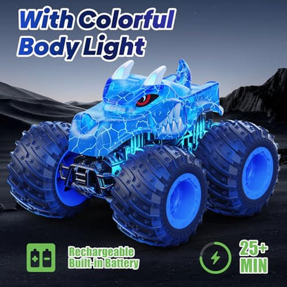 BAODLON Remote Control Monster Car, 2.4GHz RC Monster Trucks Toys for 3 4 5 6 7 8 Years Old Boys Kids, All Terrain RC Truck Off Road with Spray, Light, Rechargeable Battery, Christmas Birthday Gifts - style: Dinosaur-blue