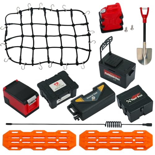 11Pcs Roof Rack Accessories Set Simulation Luggage Net/Fuel Tanks/Shovel/Recovery Boards/Fishing Boxes Tool Case/Antennas Compatible with 1/10 Scale RC Crawler TRX4 TRX6/SCX10/Gen7 Gen8