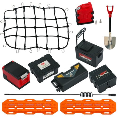 11Pcs Roof Rack Accessories Set Simulation Luggage Net/Fuel Tanks/Shovel/Recovery Boards/Fishing Boxes Tool Case/Antennas Compatible with 1/10 Scale RC Crawler TRX4 TRX6/SCX10/Gen7 Gen8