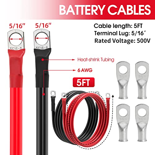 6 AWG Battery Cable 6 Gauge Battery Wires with 5/16 terminals Power Inverter Cables for Solar Boat Marine RV Car (5FT, with 6 AWG 5/16" Lugs) - size: with 6 AWG 5/16" Lugs, style: 5FT