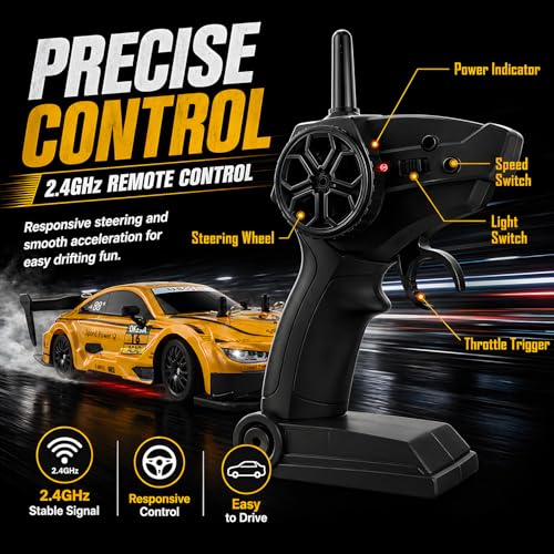 HTURCCOP 1:20 RC Drift Car 2.4GHz 4WD High Speed Drift Remote Control Cars Vehicle with LED Lights and Drifting Tires Batteries x2 Racing Sport Toy Cars for Adults Boys Girls Kids (Yellow) - color: Yellow