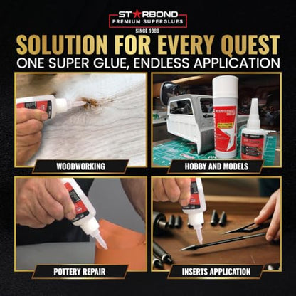 Starbond 2 oz Thick CA Glue with 6 oz Aerosol Activator Bundle Premium Cyanoacrylate Super Glue for Mitre Joint Bonding, Woodworking, Carpentry, Archery Fletching - size: 2 ounce + 6 ounce