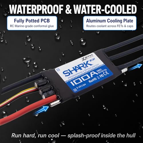 ZTW Shark G2 100A ESC 2-6S Built-in Swithcing BEC 5V/6V 8A Water-Cooling Bidirectional Waterproof Brushless Speed Controller for RC Boat Marine - size: 100A