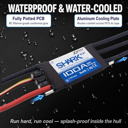ZTW Shark G2 100A ESC 2-6S Built-in Swithcing BEC 5V/6V 8A Water-Cooling Bidirectional Waterproof Brushless Speed Controller for RC Boat Marine - size: 100A