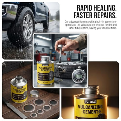 Vulcanizing Cement, Waterproof & Fast Dry Formula for Rubber, 250ml | Tire Repair Glue with Brush, Long-lasting, Heavy Duty Rubber Cement Glue for Motorcycle, Bike, Car and Any Rubber Material