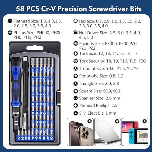 XOOL 62-in-1 Precision Screwdriver Kit, 58 Magnetic Bits, Flexible Shaft & Extension Rod, Electronics Repair Tool for Phone, Laptop, PC, Tablet, Game Console - size: 62 in 1