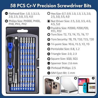 XOOL 62-in-1 Precision Screwdriver Kit, 58 Magnetic Bits, Flexible Shaft & Extension Rod, Electronics Repair Tool for Phone, Laptop, PC, Tablet, Game Console - size: 62 in 1