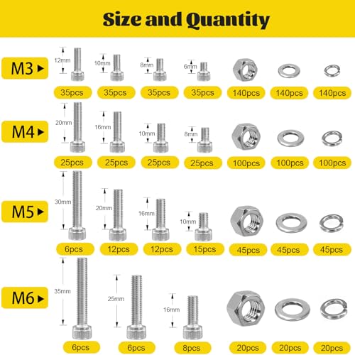 1220PCS M3 M4 M5 M6 Metric Screws Assortment Kit,Hex Socket Head Cap Bolts Nuts and Washers Assorted Kit,304 Stainless Steel Hardware Set for DIY, 3D Printer - size: SS M3M4M5M6 1220pcs