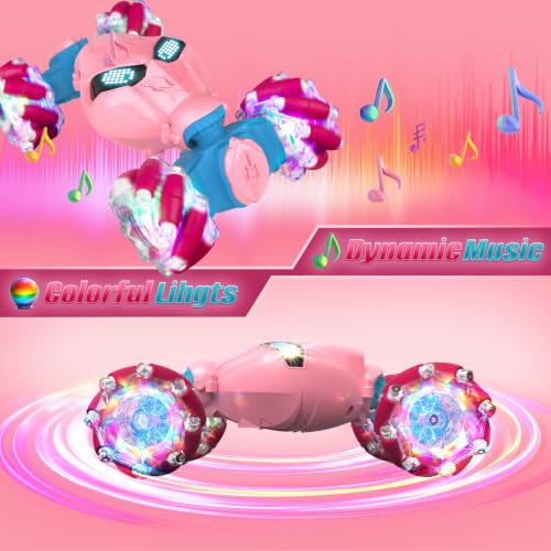 Pink Rc Gesture Sensing Stunt Car Toys for Girls 3 4 5 6 7 8 9 10 1112 Years Old, Drift Hand Control Remote Control Cars with Light & Music, 4WD 360°Rotation Double Side Cars Birthday Gifts for Kid - color: Pink