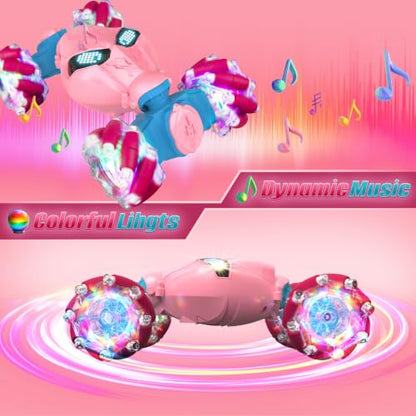 Pink Rc Gesture Sensing Stunt Car Toys for Girls 3 4 5 6 7 8 9 10 1112 Years Old, Drift Hand Control Remote Control Cars with Light & Music, 4WD 360°Rotation Double Side Cars Birthday Gifts for Kid - color: Pink