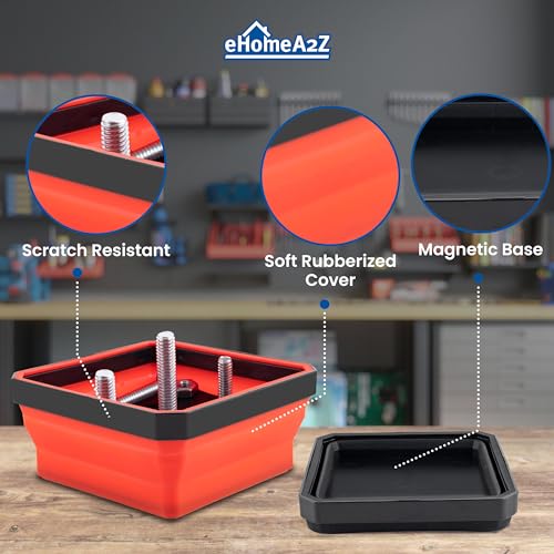 Collapsible Magnetic Parts Tray Set, 4.5” Square Silicone Foldable Bowls With Magnetic Base, Ideal For Screws, Bolts, Nuts, Washers, Pins, And Small Metal Parts (Red/Black,2Pc)