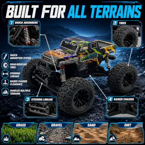 1:18 4WD RC Truck, 40 KM/H High Speed All Terrain Off-Road Remote Control Car with 40A ESC, Fast RC Car with Dual Motors for Adults, 2 Batteries for 60 Mins Runtime, Monster Truck Boys