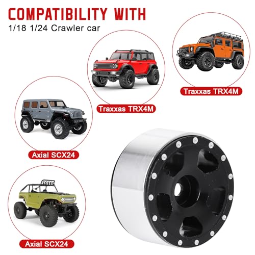 HobbyPark Aluminum 1.0 Beadlock Wheels 7mm Wheel Hex 3mm Axle Hole for AX24 SCX24 FCX24 Enduro24 1/24 RC Crawler Car, Set of 4