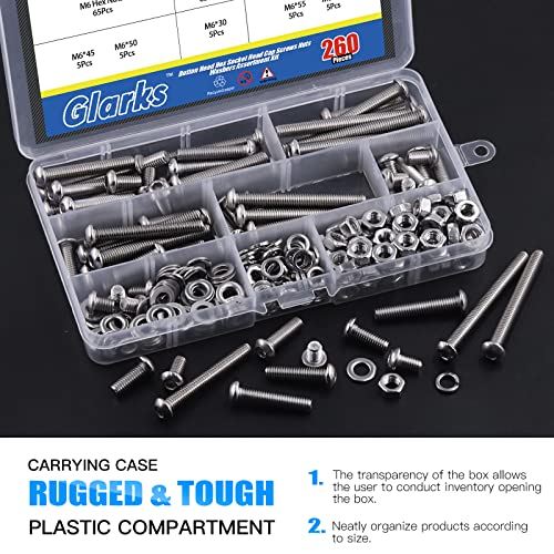 Glarks 260Pcs 13 Size M6 304 Stainless Steel Button Head Screws Hex Socket Cap Screws Bolts and Nuts Washers Assortment Kit with Hex Wrench for Machinery Furniture Car Repair - size: M6 screw assortment kit