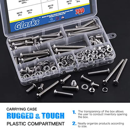 Glarks 260Pcs 13 Size M6 304 Stainless Steel Button Head Screws Hex Socket Cap Screws Bolts and Nuts Washers Assortment Kit with Hex Wrench for Machinery Furniture Car Repair - size: M6 screw assortment kit