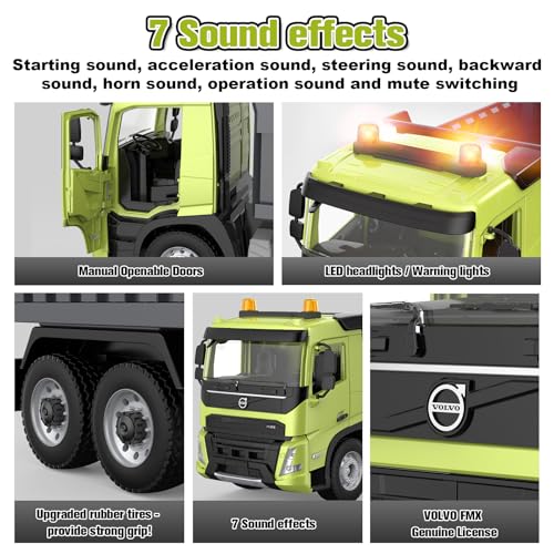 DOUBLE E Volvo FMX 1:20 RC Dump Truck - 2.4GHz Anti-Interference Remote Control Construction Toy with 360° Movement, Lift & Dump, LED Lights & Realistic Sounds for Adults - style: dump truck