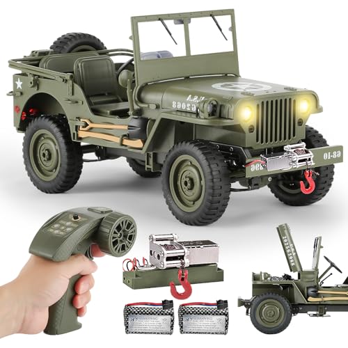 1/10 Scale RC Military SUV, Remote Control 4WD Off-Road Vehicle with Alloy Frame Chassis, with Winch, Army Vehicle with Opening Hood and Folding Windshield, 2 Batteries - color: Rc Car + Winch + 2 Battery