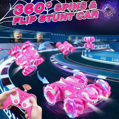 Dolanus Girls Toys Spider Remote Control Car, Age 3+, Kids Gift, Pink | RGB Wheel Lights, Dual Sided Stunts, 360° Spins, Sideways Drifts, USB Charging, 2.4GHz Control, for 3 4 5 6 7 8 12 Year Old