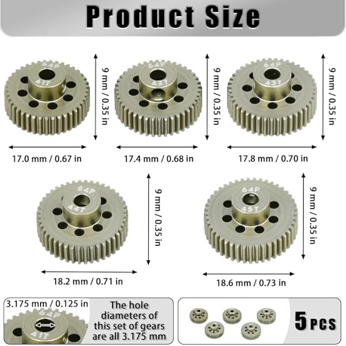 5Pcs 64P Aluminum Alloy Pinion Gear Set 3.175mm 41T 42T 43T 44T 45T Motor Pinion Gear W/ M4 Screw and Hex Key, Fit 3.175mm (1/8-Inch) Shaft, for Arrma HPI Kyosho Losi Axial Traxxas Tamiya 1/10 RC Car - size: 64P-3.175mm-41-45T