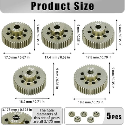 5Pcs 64P Aluminum Alloy Pinion Gear Set 3.175mm 41T 42T 43T 44T 45T Motor Pinion Gear W/ M4 Screw and Hex Key, Fit 3.175mm (1/8-Inch) Shaft, for Arrma HPI Kyosho Losi Axial Traxxas Tamiya 1/10 RC Car - size: 64P-3.175mm-41-45T