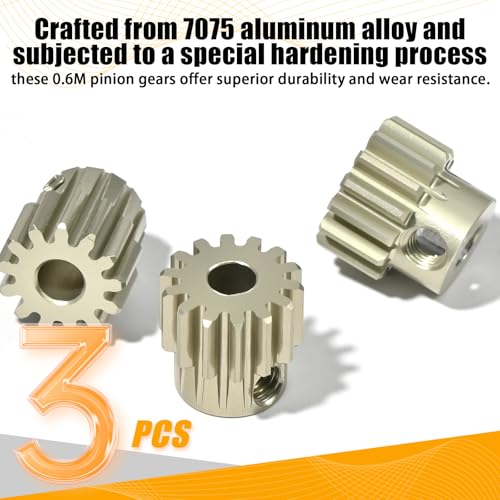 3PCS 0.6M Pinion Gear 13T 14T 15T Set, 7075 Aluminum Alloy 0.6Mod RC Motor Gears with 3.175mm Bore for 540 550 Brushed Brushless Motors, Compatible with 1/10 Tamiya Redcat HSP HPI RC Cars - size: 13 14 15T