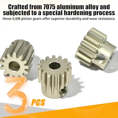 3PCS 0.6M Pinion Gear 13T 14T 15T Set, 7075 Aluminum Alloy 0.6Mod RC Motor Gears with 3.175mm Bore for 540 550 Brushed Brushless Motors, Compatible with 1/10 Tamiya Redcat HSP HPI RC Cars - size: 13 14 15T