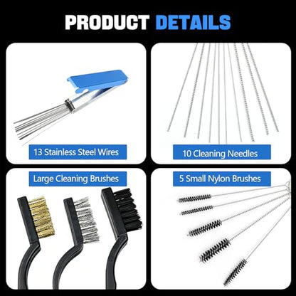 Carburetor Cleaning Kit, Includes 13 Stainless Steel Wires, 10 Needles, 5 Nylon Brushes, 1 Pointed Pick, 4 Cleaning Hooks, 3 Brushes, Torch Tip Cleaner, Carbon Dirt Jet Cleaner Repair Tools