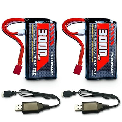 2S 7.4V 3000mAh 15C Rechargeable Li-ion Battery, T-Plug | Fits 1/12 1/16 1/18 4WD RC Car (70x38x18mm). 2 charge cables. Lightweight Li-ion, 40+ min runtime. UN38.3 & UL2054 certified.