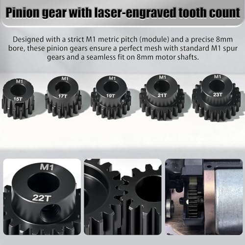 M1 8mm Steel Pinion Gear Set 15T 17T 19T 21T 23T with Laser-Engraved Tooth Count for 1/5 X-Maxx Rc Model Car Buggy Truck Replacement Mod 1 Gear Compatible with Brushed & Brushless Motors 5 Pcs - size: M1-8-15T-17T-19T-21T-23T