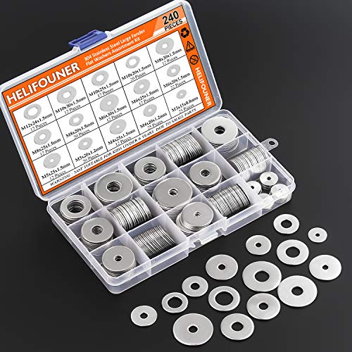 HELIFOUNER 240 Pieces 15 Sizes 304 Stainless Steel Large Fender Washer Assortment Kit (M3 M4 M5 M6 M8 M10 M12) - size: M3-M12