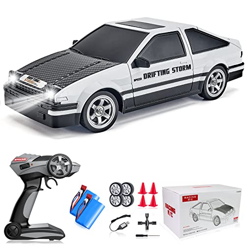 RC Drift Car 1/16 2.4GHz 4WD RTR Drift Car High Speed Remote Control Cars with LED Lights, Two Batteries and Drifting Tires Racing Toy Cars for Boys Kids Girls Adults, White