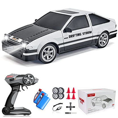 RC Drift Car 1/16 2.4GHz 4WD RTR Drift Car High Speed Remote Control Cars with LED Lights, Two Batteries and Drifting Tires Racing Toy Cars for Boys Kids Girls Adults, White
