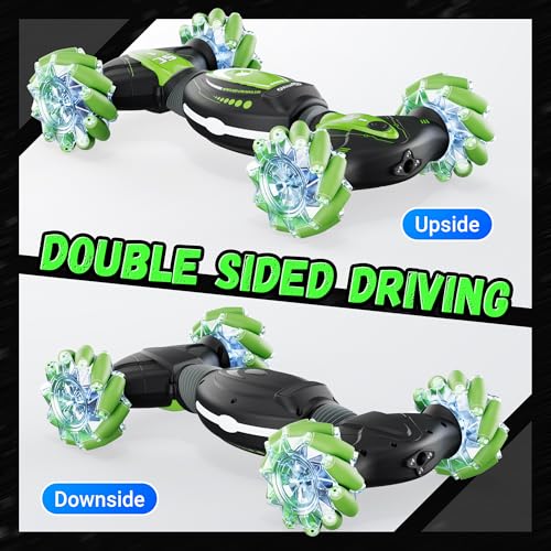 Contixo Kids Large Remote Control Car with Gesture Sensor, 4WD 360° Spins, Music, Lights & Spray, Side Drifts, Double-Sided Driving Off-Road Stunt Car Vehicle Birthday Gift for Boys Ages 5,6,7, Green - color: Green