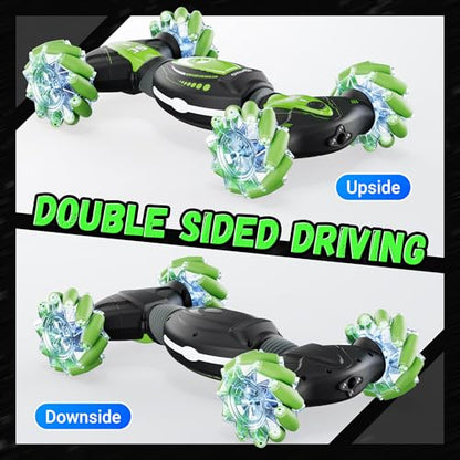 Contixo Kids Large Remote Control Car with Gesture Sensor, 4WD 360° Spins, Music, Lights & Spray, Side Drifts, Double-Sided Driving Off-Road Stunt Car Vehicle Birthday Gift for Boys Ages 5,6,7, Green - color: Green