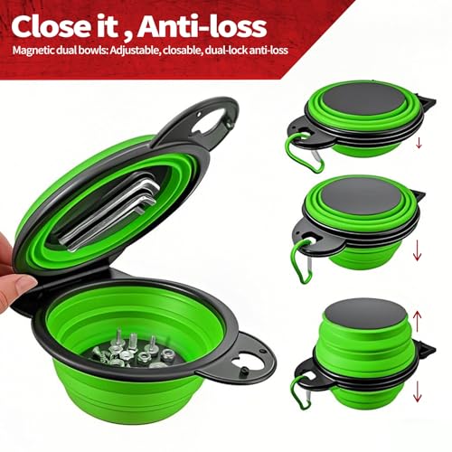 Magnetic Trays, Magnetic Bowl for Screws, Magnetic Tool Tray (green2.0) | Collapsible Magnetic Tool Tray, Integrated 5.1" Round Dual Silicone Bowls, Upgraded Version, Bonus Hook for On-the-Go Carry - style: green2.0