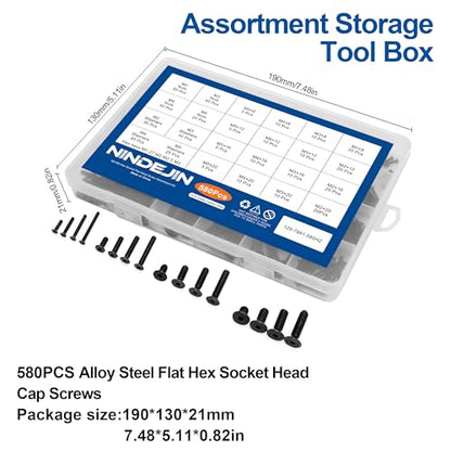 NINDEJIN M2 M3 M4 M5 Flat Head Socket Cap Screws Countersunk Bolts, Hex Drive, 12.9 Carbon Steel Screw, Full Thread, Black Oxide, 580PCS Metric Screw Bolts Nuts Washers Assortment Kit - size: 580Pcs M2-M5 8mm-20mm