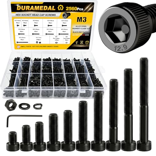 M3 Screws Kit 2560Pcs, M3 Socket Head Cap Screws Assortment 10 Sizes M3x4/6/8/10/12/16/20/25/30/35mm With Nuts Washers 12.9 Grade Alloy Steel Black Zinc Plated Machine Screws 3D Printing DIY - size: M3 Kit 2560pcs / 10 Sizes
