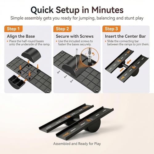 RC Car Ramp, 3 Ways to Play RC Jump Ramp for 1/16 1/14 1/12 1/10 RC Cars, Includes Metal Ground Stakes, Compact Stunt Ramp for Controlled Jumps, Balance Play and Backyard RC Fun