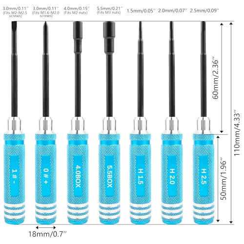 7-in-1 Hex Screwdriver Set (0.05"/1.5mm, 2.0mm,2.5mm & Box Wrench (4.0mm,5.5mm) Nut Screw Driver|RC Tool Kit|Phillips| Compatible with TRX4M SCX24 1/24 1/18 1/16 RC Cars Drone Repair(LightBlue) - color: Lightblue