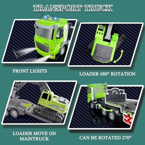 Fistone RC Semi-Trailer Truck & Excavator Toy Set, 1:12 Scale with Sound and Lights, 11CH 2.4Ghz Remote Control Flatbed Truck and Excavator Toys, Great Gift for Kids Boys - style: Flatbed Trailer & Excavator