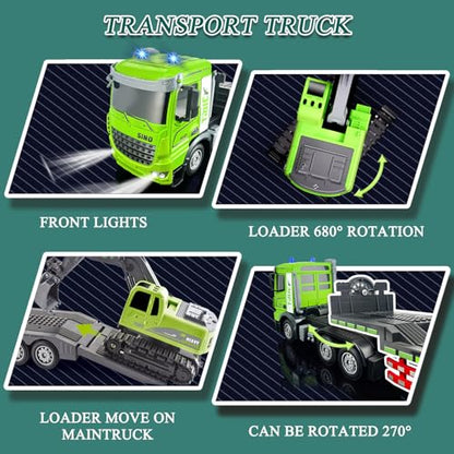 Fistone RC Semi-Trailer Truck & Excavator Toy Set, 1:12 Scale with Sound and Lights, 11CH 2.4Ghz Remote Control Flatbed Truck and Excavator Toys, Great Gift for Kids Boys - style: Flatbed Trailer & Excavator