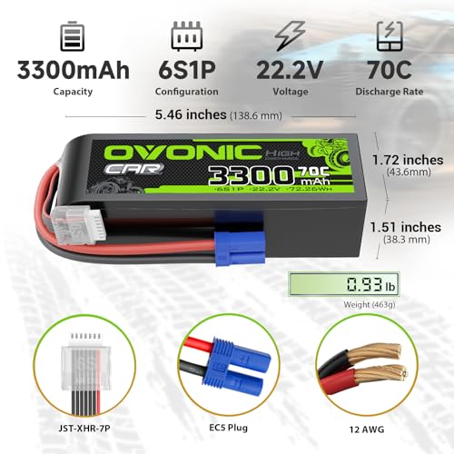 OVONIC 22.2V 70C 3300mAh 6S Lipo Battery with EC5 Plug for RC Car Boat Truck Helicopter Airplane Racing Models