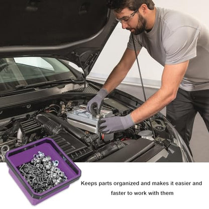 Collapsible Magnetic Parts Tray, 4.5" Square Metal Parts Organizer with Dual-Sided Magnetic Base, Foldable Tools Tray Silicone Storage Bowl for Screws Bolts Nuts Washers Pins (Purple) - color: Purple