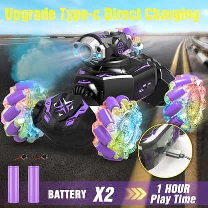 Gesture Sensing Remote Control Car, RC Cars Toys for Boys Age 6-12, 4WD Hand Controlled Twist & Transform 360° Spins Stunt Car with Mist, Light & Music, 8-10 Year Old Boys Birthday Gift Purple - color: Purple
