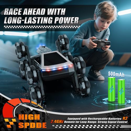 8 Wheel RC Stunt Car with Gesture Control, Spray & LED Lights, Gesture Sensing Remote Control Cars for Boys Age 6 7 8-12 13 14 Year Old, Christmas Birthday Gifts Ideas for Kids - color: Grey
