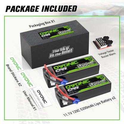 OVONIC 3S LiPo Battery 11.1V 5200mAh 120C with EC5 Plug for RC Car RC Truck Airplane Helicopter Boat Car Racing RC Hobby (2 Packs)(with Lipo Voltage Checker)