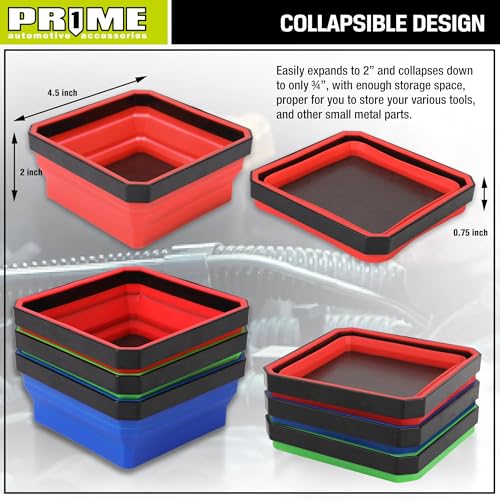 PR1ME Upgrade Collapsible Magnetic Parts Tray Set, 3 Pack, Foldable Magnetic Tool, 4.25 inch Square Silicone Bowls with Magnetic Base Stores and Organizes Small Parts and Tools - size: Upgrade Trays