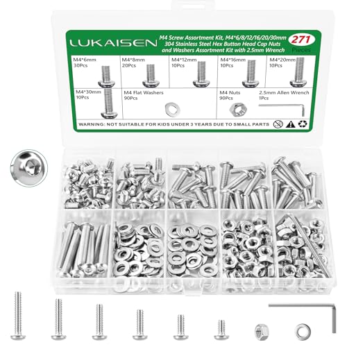 271 Pcs M4 Hex Button Cap Screws Nuts Washers Wrench Kit, 304 SS | With Flat Washers & Wrench, Metric Fasteners for Furniture, Cabinet Handles & DIY, 6mm-30mm,Clear Label Storage Box - size: SS M4 271pcs 2