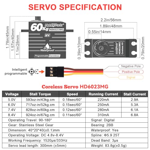 HobbyPark Waterproof 828oz-in 60KG High Torque Servo Coreless Motor 8.4V HV Servo Metal Gears Digital Servo Programmable for 1/8 1/10 1/12 RC Crawler RC Truck RC Cars Buggy Robotic Control Angle 180°